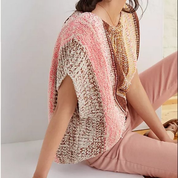 Anthropologie XL NWT Knit Striped Poncho Sweater Top Tunic Pullover Pink Brown - Picture 5 of 7